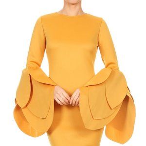 LA Fatima Mustard Petal Sleeves Midi Party Dress